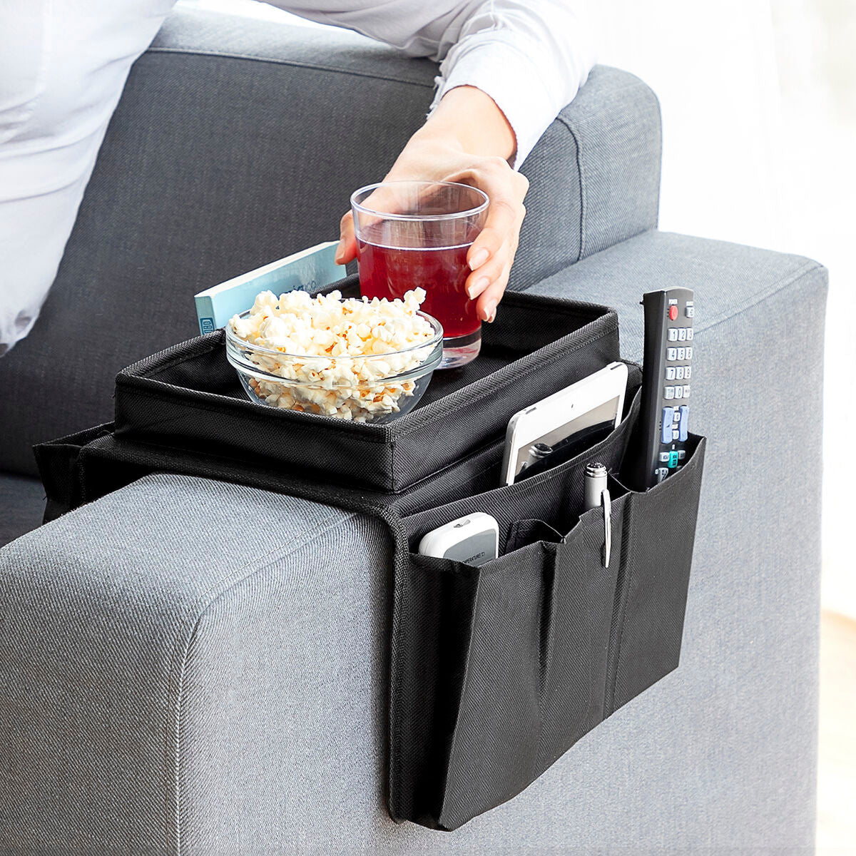 Zwarte multifunctionele bankstel tray met organiser en 6 vakken voor afstandsbedieningen en snacks